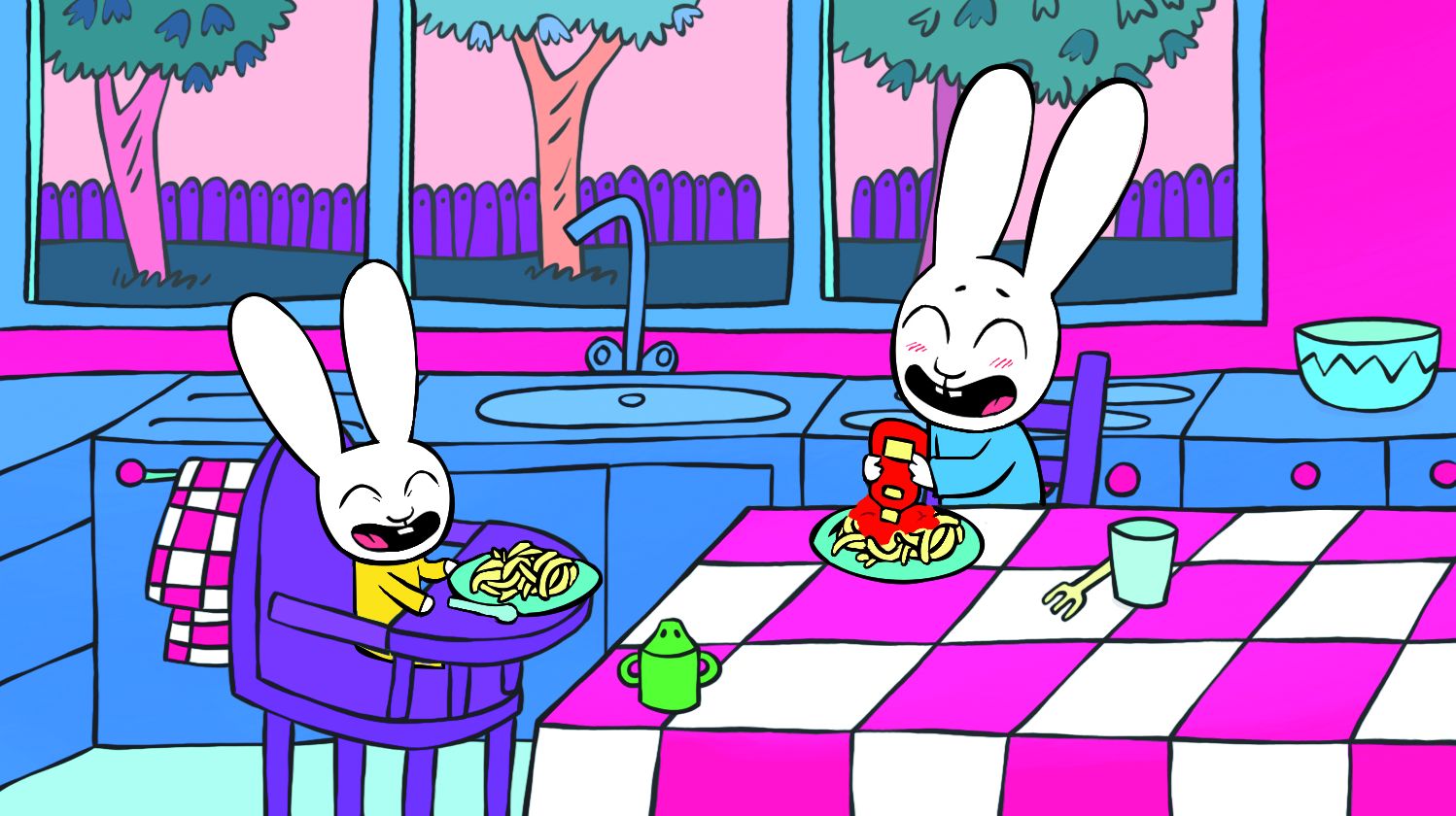 Simon eating pastas with gaspard